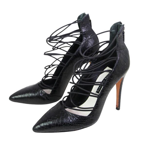 Alice + Olivia BLACK REAL LEATHER HIGH HEEL POINTED STRAPPY ZIP PUMP SHOES Sz 39 - Picture 3 of 11